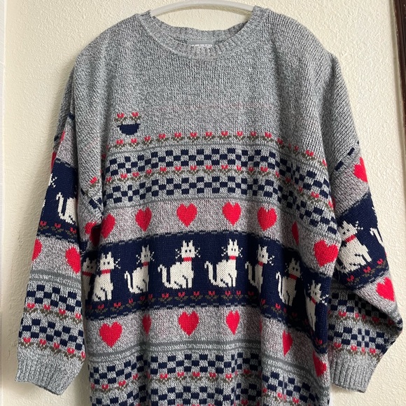 Vintage 80s Cat Sweater Venezia originals Cozy knit Oversize Relaxed Heart XL - Picture 10 of 16